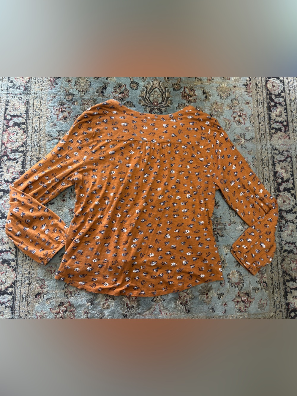 Lucky Brand Mustard Floral Smocked V-Neck Blouse - Picture 4 of 4
